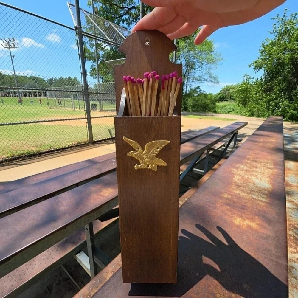 Vintage Wood Wall Match Holder Large Brass Eagle Rustic Brown Kitchen Decor‎